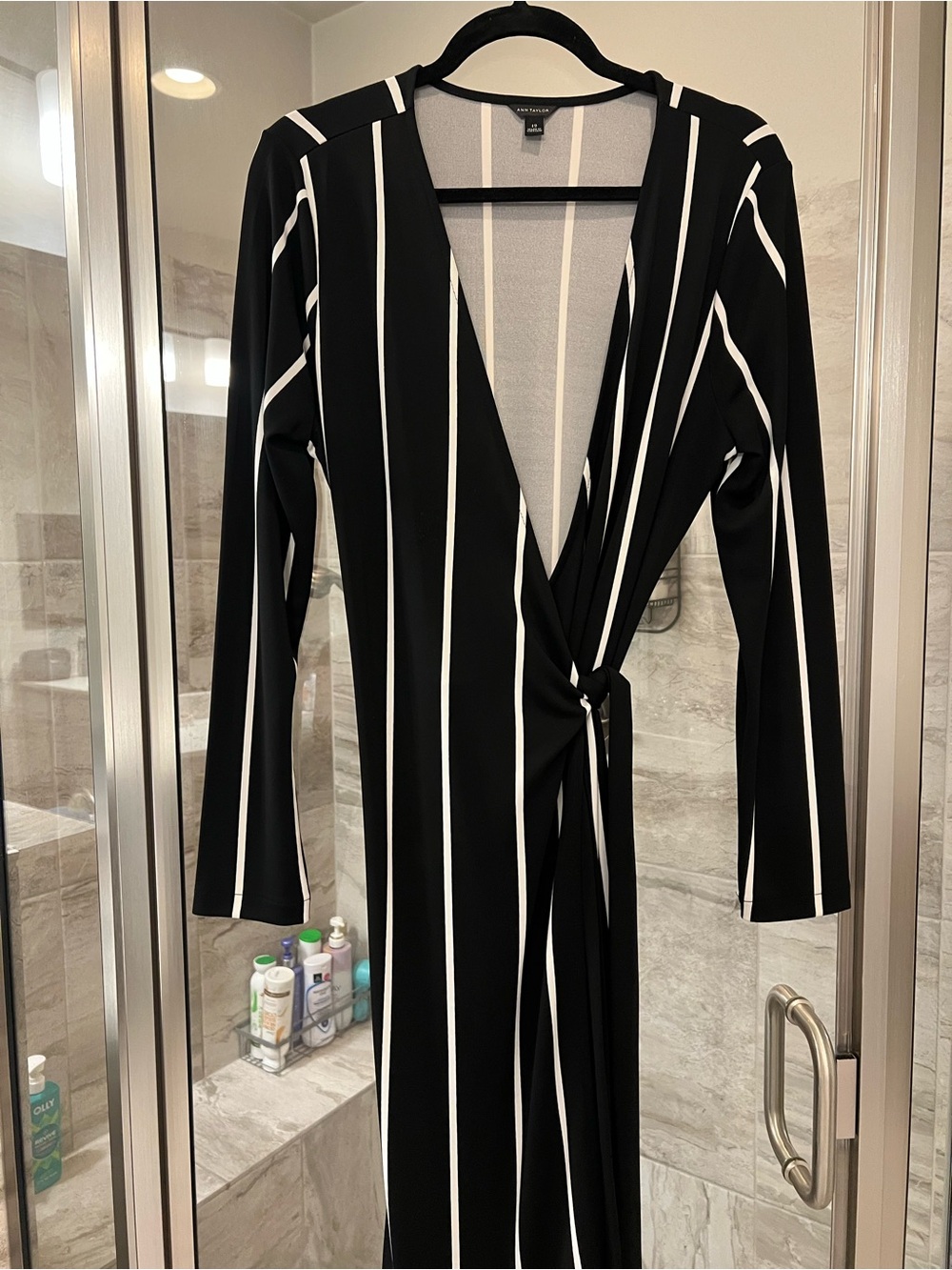 Ann Taylor Black and White Vertical Stripe Wrap Dress